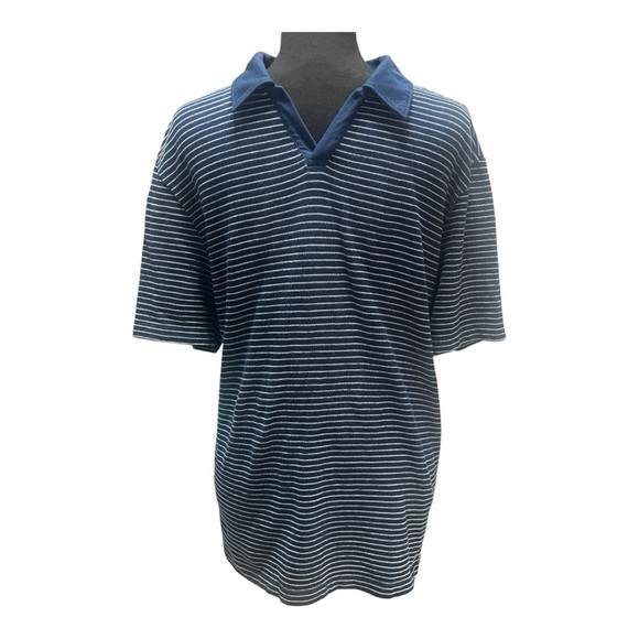 Untuckit Men’s Polo Shirt Peyton Blue White Striped Pullover Short Sleeve Sz Lg - Picture 2 of 5